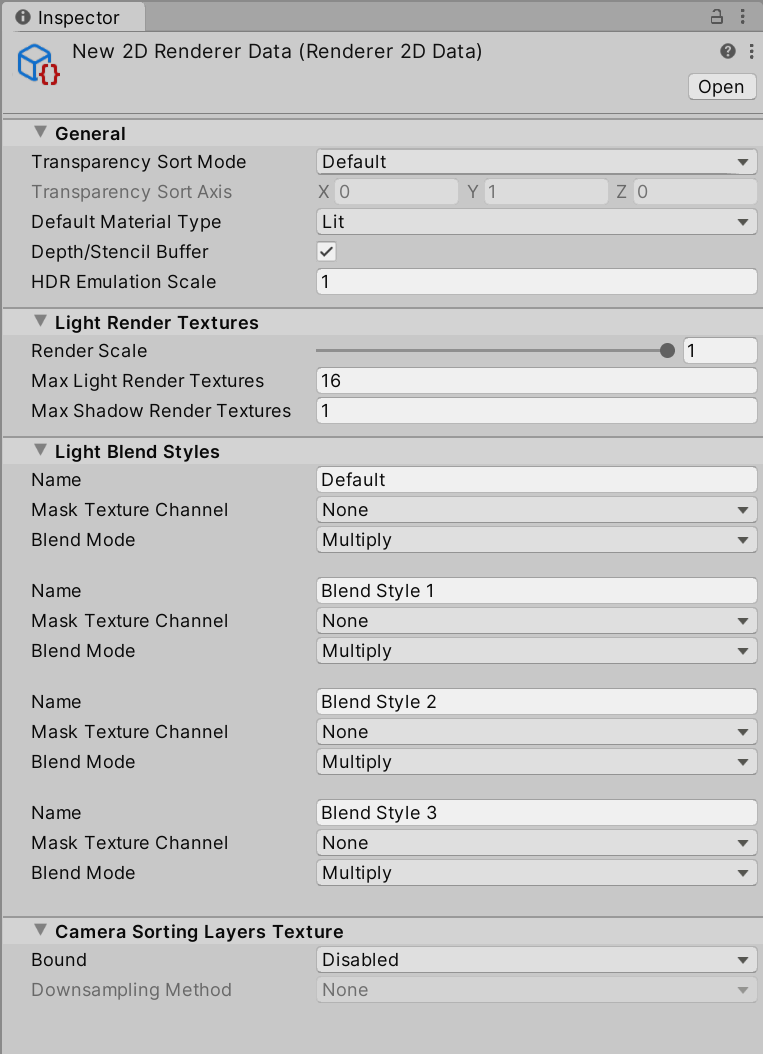The 2D Renderer Data Asset property settings